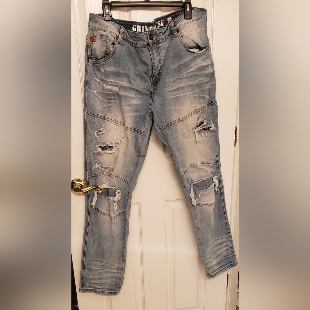 Grindhouse Men's Light Blue Ripped Slim Jeans